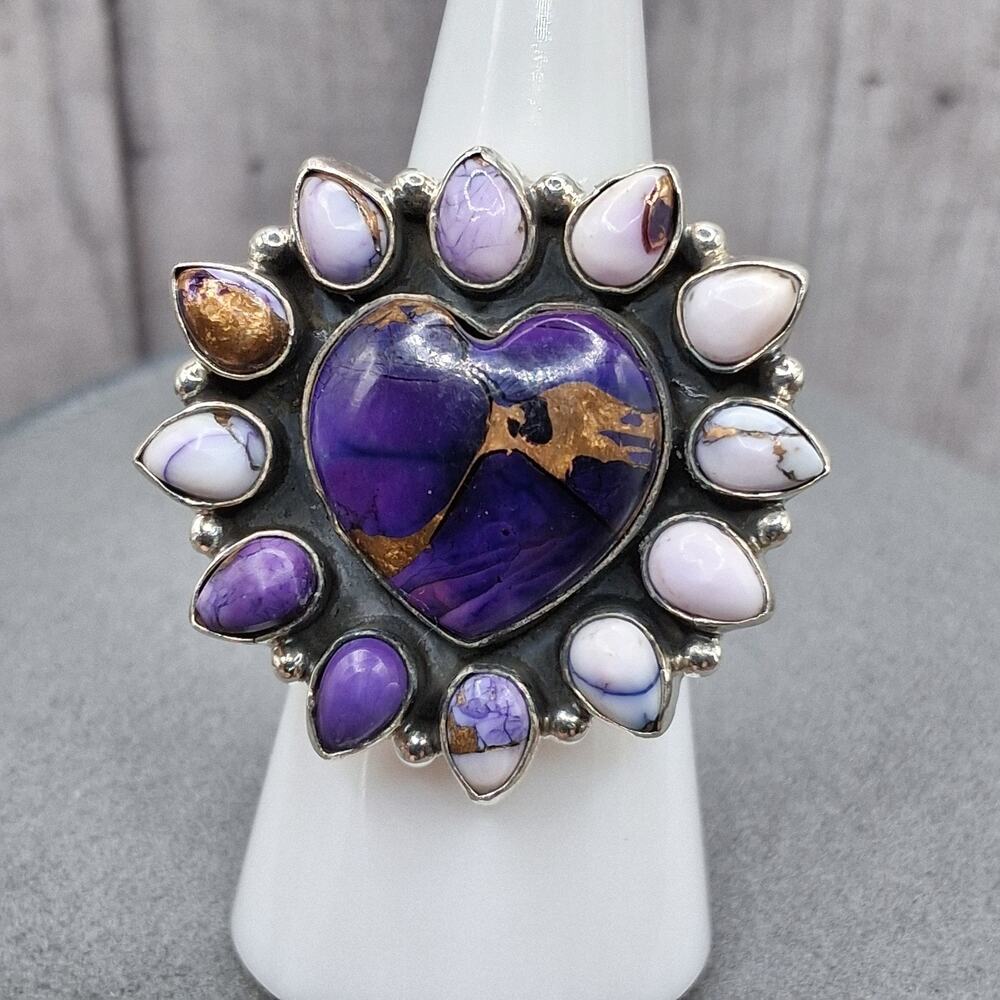 Southwestern Purple Mojave Turquoise Heart Ring Sterling Silver Size 7 Cluster